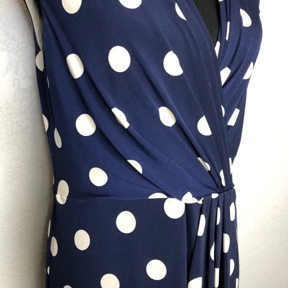 Eliza J navy blue cream tan polka dot faux wrap dress size 14
